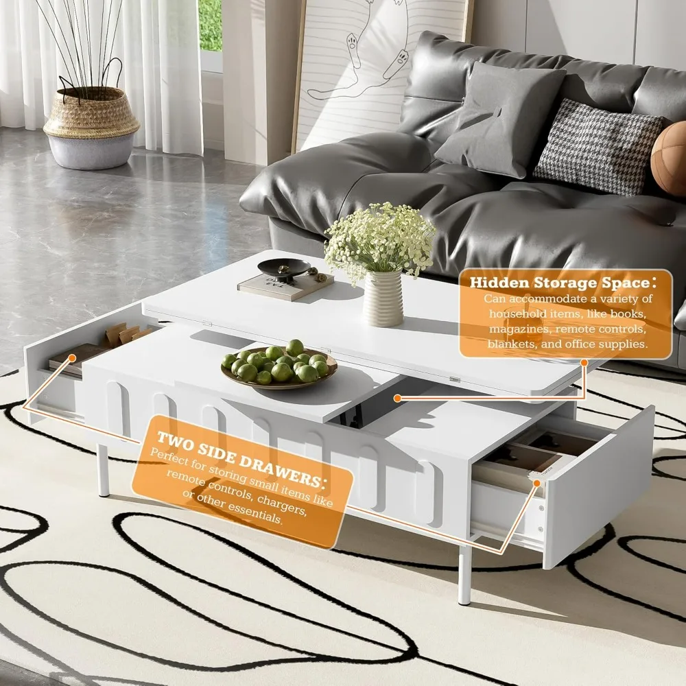 Lift Top Coffee Table, Coffee Tables with Storage for Living Room, Small Coffee Table with 2 Fabric Drawers & LED Light