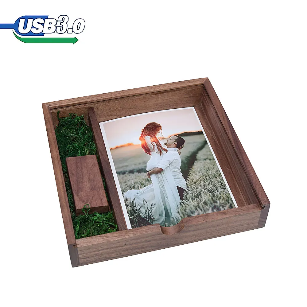 Hot Selling Rectangle Wooden USB+ Box Pendrive Pen Drive USB 8GB 16GB 32GB 64GB USB Flash Drive Photography Wedding Gift