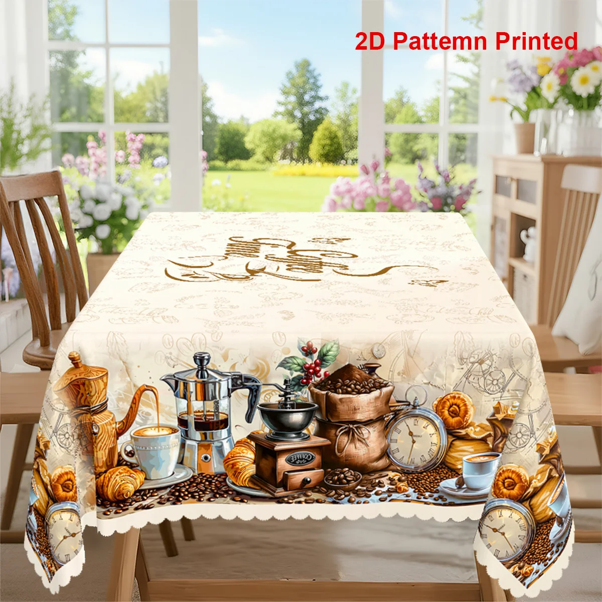 Polyester printed tablecloth, one piece of cute cartoon snacks, coffee-themed party tablecloth, retro coffee bean horn shapeyzb