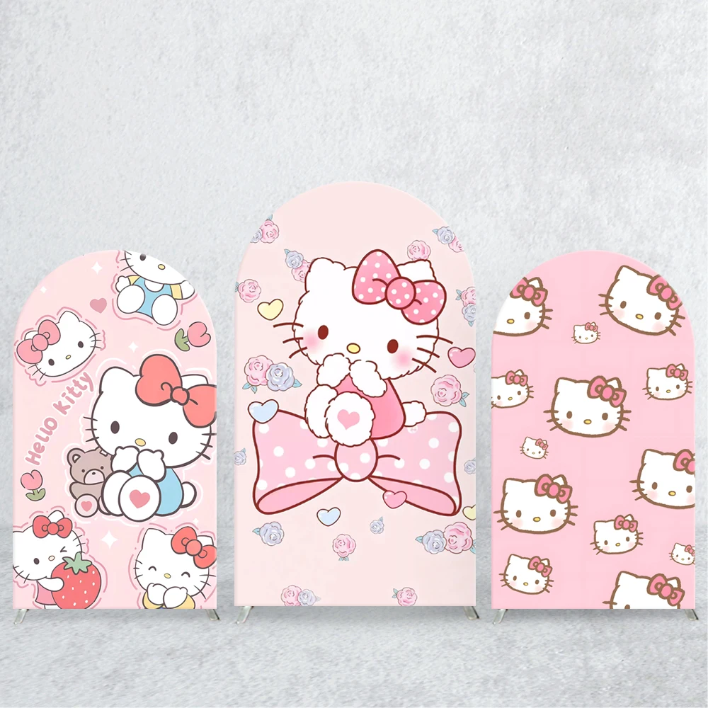 

Cartoon Animation Hello Kitty Arch Backdrop Cover Spandex Custom Pink SanrioTheme for Child Girl Birth Party Background Decor