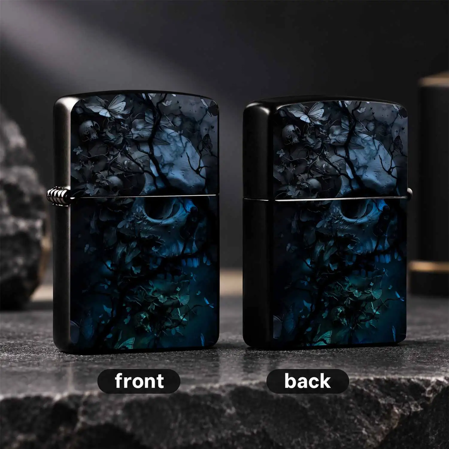 Dark Gothic Blue Skull Vines Art Lighter, Moody Unique Portable Ignition Accessory, Perfect For Daily Use Outdoor Camping Gatherings Gifting, Stylish Niche Exquisite Practical Ignition Ornament, Offers Distinct Aesthetic For Friends And Hob