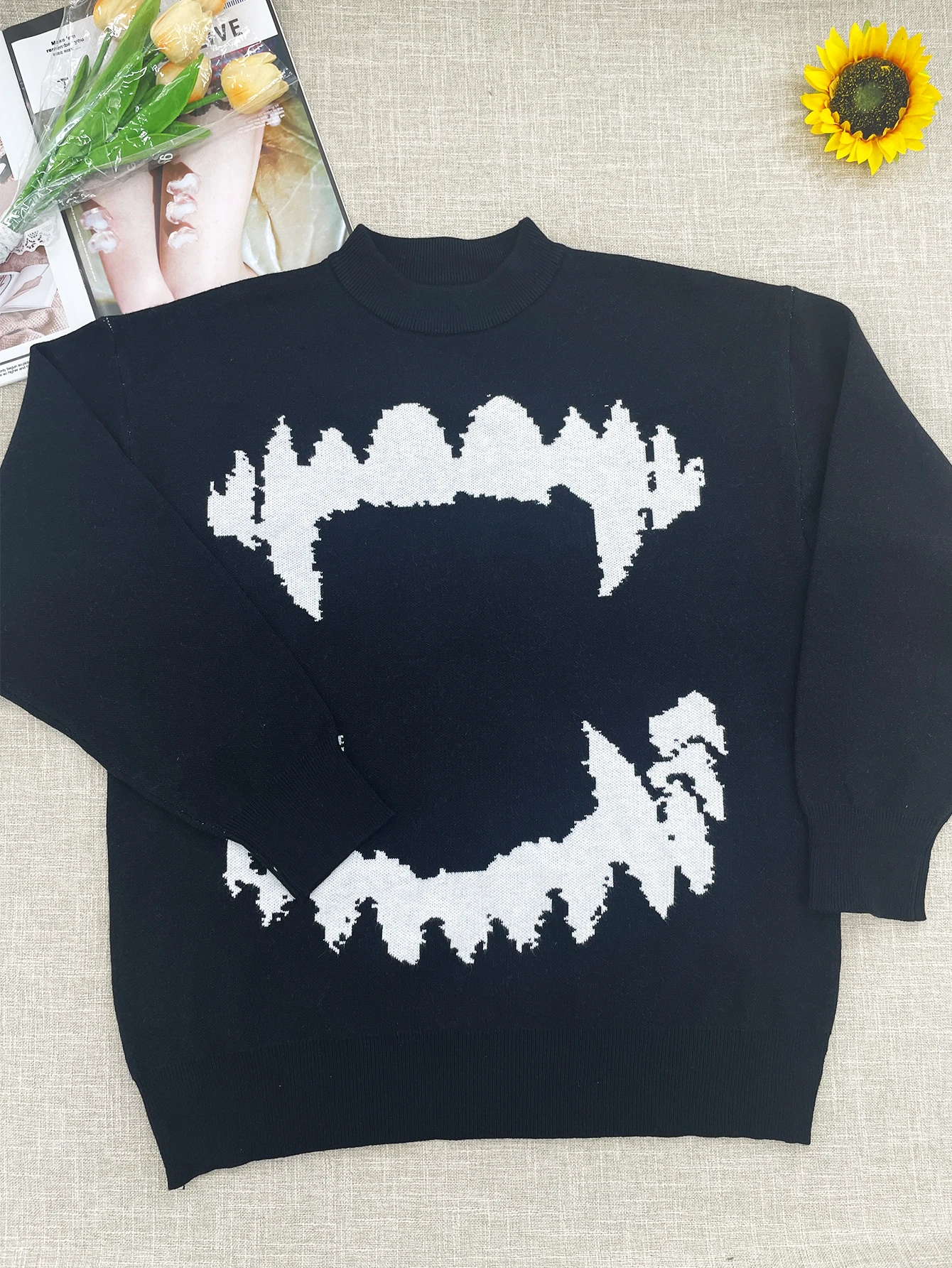 Hip Hop Streetwear Knitted Sweater Women Gothic Tooth Graphic Pullovers Autumn Black Sweater Women Fitting Sweater Y2k Clothes