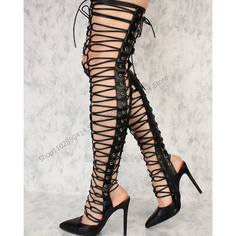 

Black Hollow Design Pointed Toe Strappy Boots Thigh High Lace Up Women Shoes Thin High Heels Fashion 2023 Zapatos Para Mujere