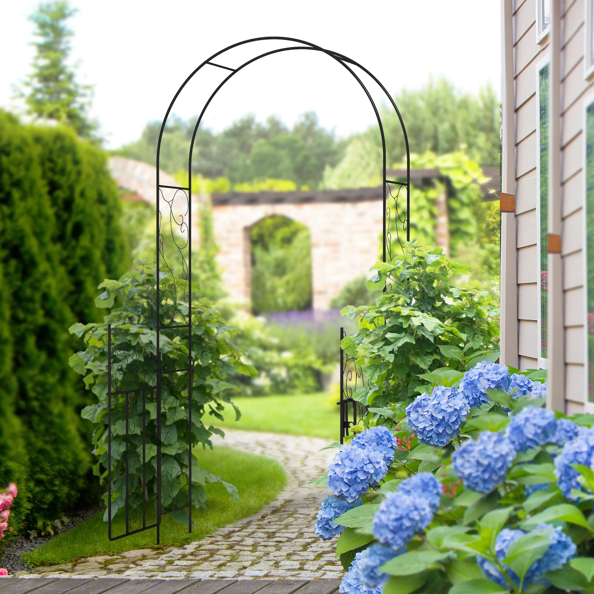 7.5' Metal Garden Arch with Gate, Garden Arbor Trellis for Climbing Plants, Roses, Vines, Wedding Arch, Lawn, Backyard, Black