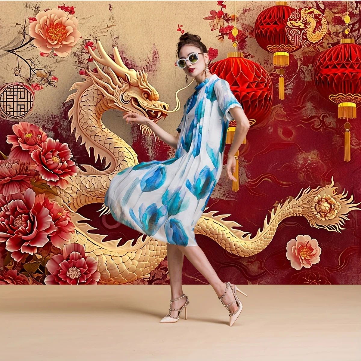 One, Chinese New Year Banner Background Festival Paper Cuttings Flower New Year Lantern the Year of the Loong Party