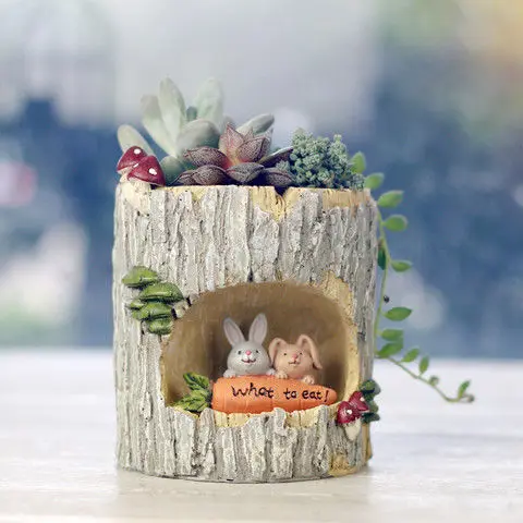 Pastoral Forest Cartoon Animal Tree Stump Succulents Flowerpot Resin Accessories Home Room Garden Figurines Decoration