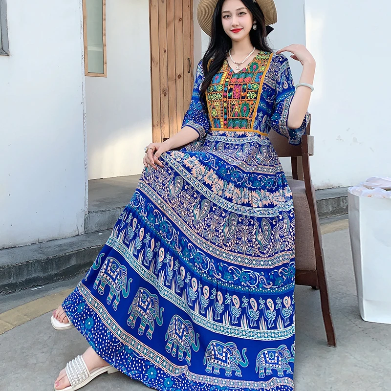 Abito lungo da spiaggia estivo Boho Abito da donna maxi abito da vacanza in cotone stampato stile etnico allentato casual