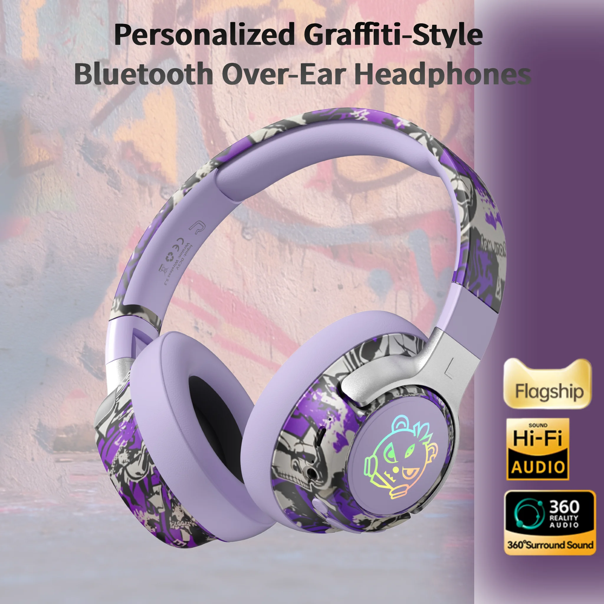 Graffiti Bluetooth Gaming Headphones 360° Stereo Sound, 5.3 Hi-Res Audio Over Ear Headset Earphones Wireless Music Headphones