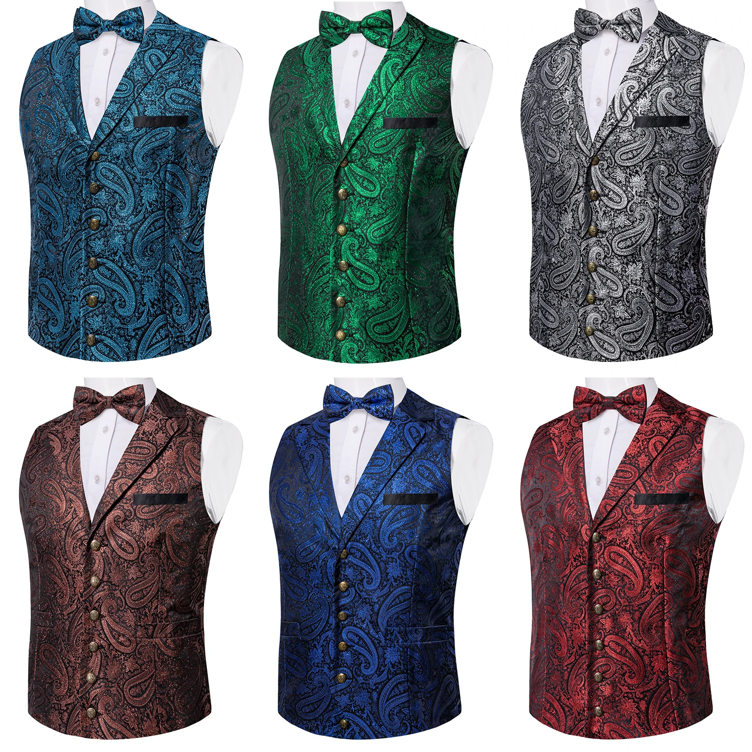 Victorian Business Vest for Man Royal Blue Paisley  Bowtie Pocket Square Cufflinks Set Adjustable Men's Wedding Party Waistcoat