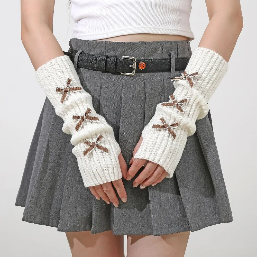 Cute Thicken Bow Arm Warmers Soft Knitted Long Knit Y2K Fingerless Gloves Sweet Bowknot Sleeve Cover Girl