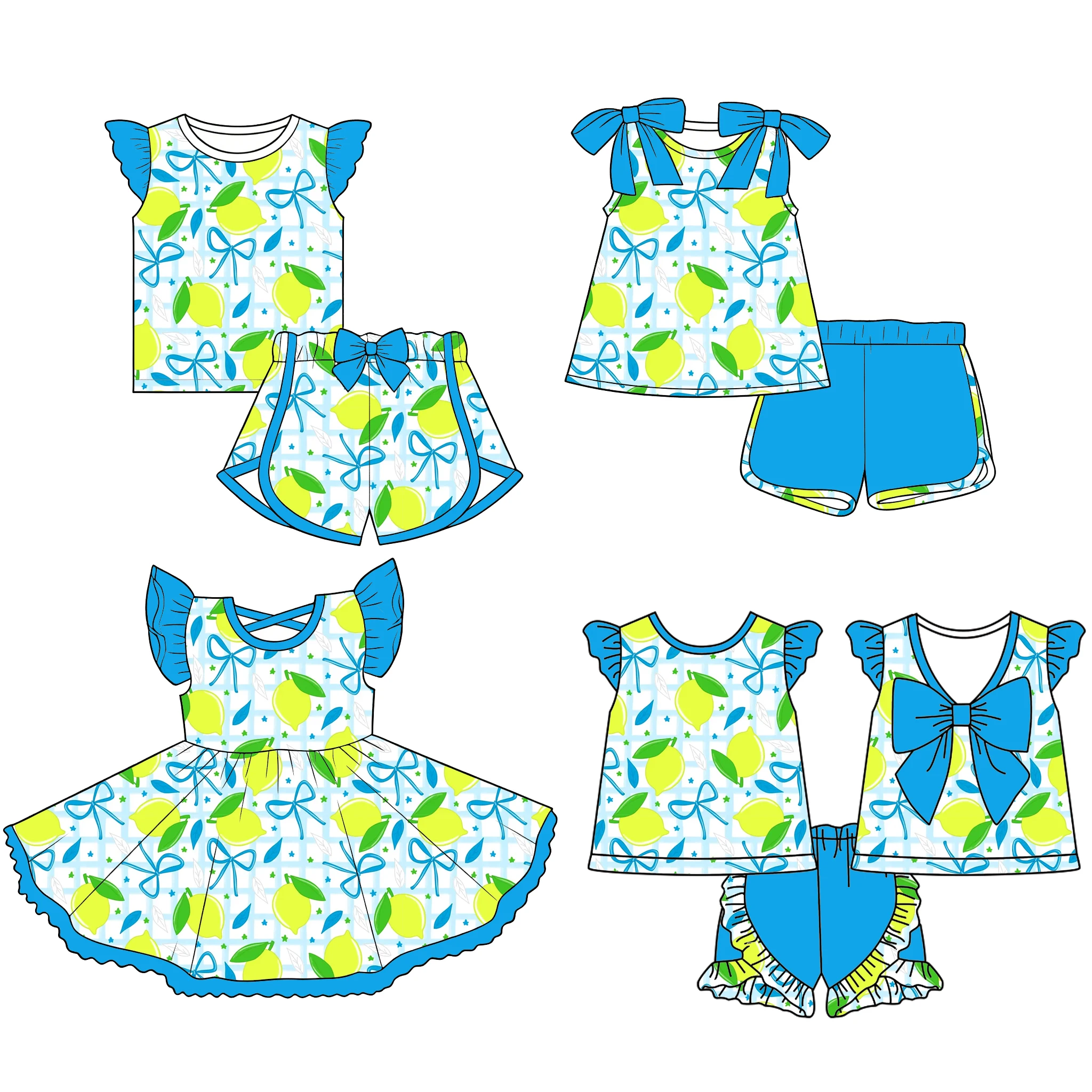 

Boutique kids sets Girls suits and dresses bow decoration ruffles fruit print matching set dress custom