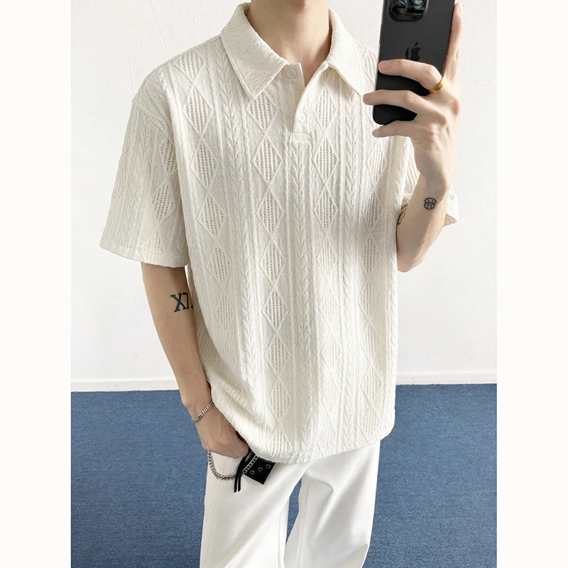 2026 Summer Men's Loose Texture Knit Polo Shirt with Breathable Collar T-Shirt