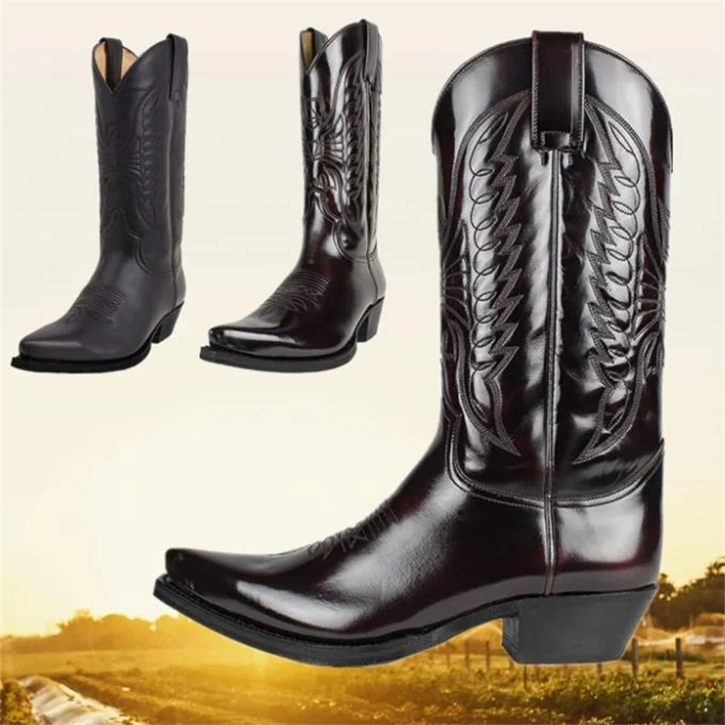 

Men women Boots Mid Calf Western Cowboy Motorcycle Boots couple Autumn Outdoor PU Leather Totem couple Tall tube Boots 35 48