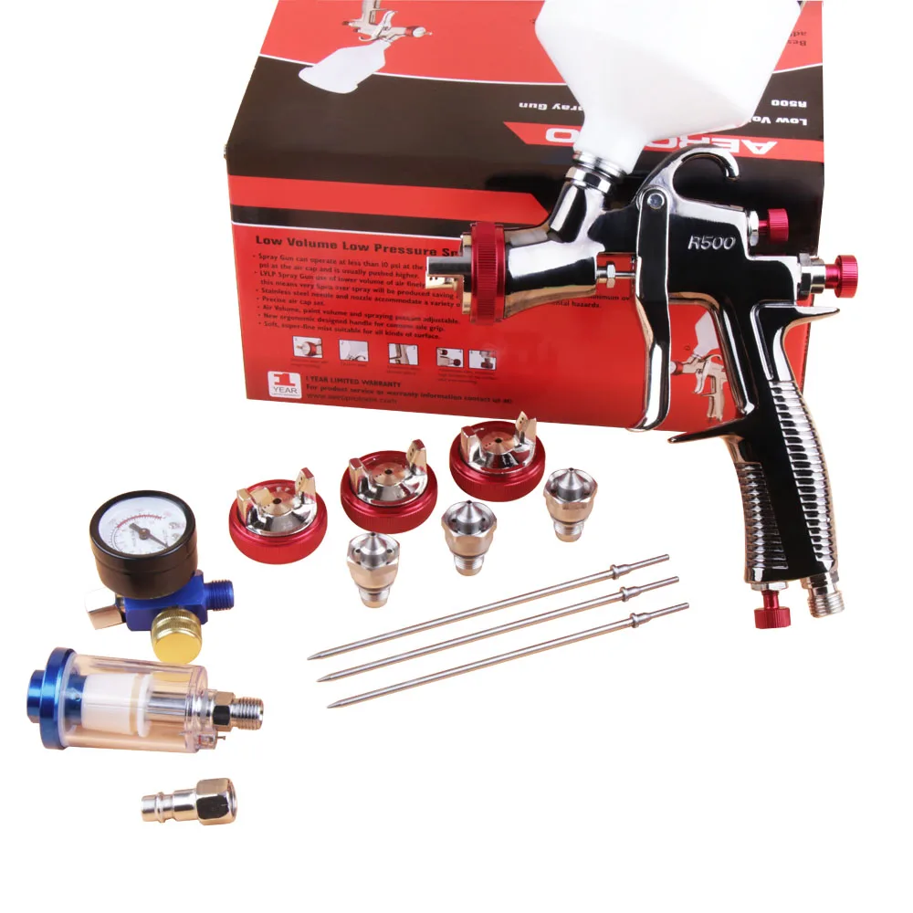 R500 LVLP Air Spray Gun with 1.3/1.5/1.7/2.0mm Nozzles & Oil Separator & Air Regulator, Automotive, Car Paint Gun Sprayer