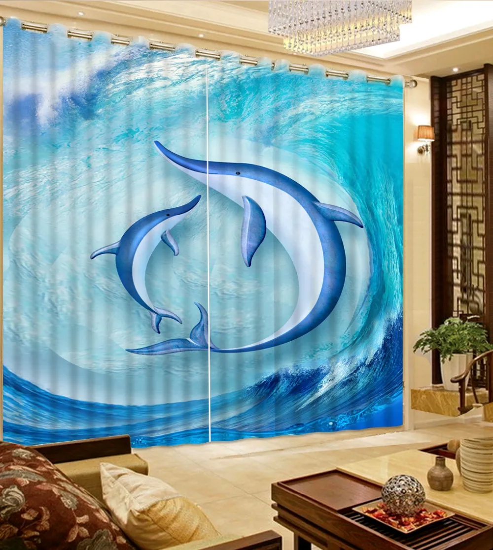 blue living room curtains home curtains decoration Waves dolphins modern home decor personalized decor