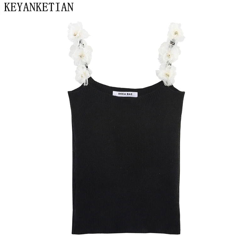 

KEYANKETIAN Autumn New Women's Clothing Floral Decoration Slim Knit Sleeveless Vest Women Top Sweater Suspender