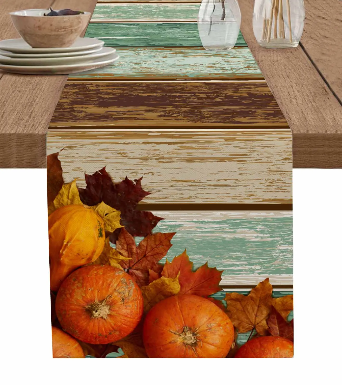 Thanksgiving Autumn Pumpkin Leaves Wood Grain Table Runners for Dining Room Home Decor Tablecloth 4/6 Pcs Placemats Table Cover