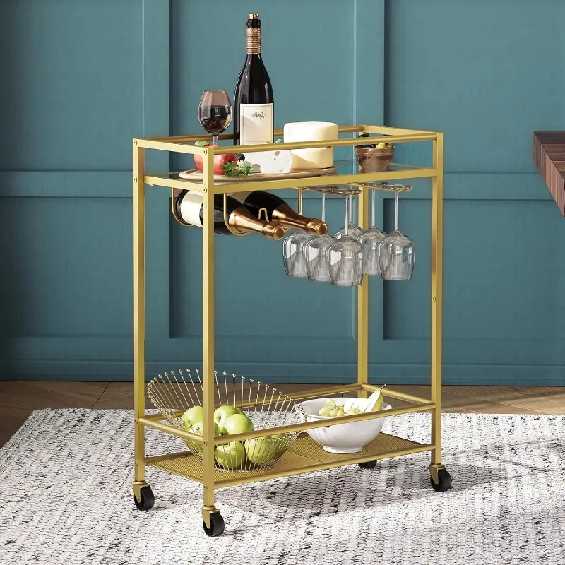 Gold Bar Cart, Serving Cart for Home, Beverage Cart with Wine Rack and Glass Holder, 2-Tier Drink Cart on Wheels