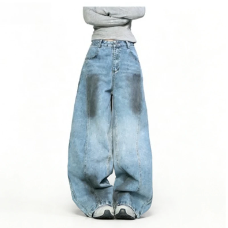 Plus Size Women's American Retro Distressed Graffiti Curved Denim Jeans 2025 Autumn Loose Fit Droopy Wide Leg Trousers
