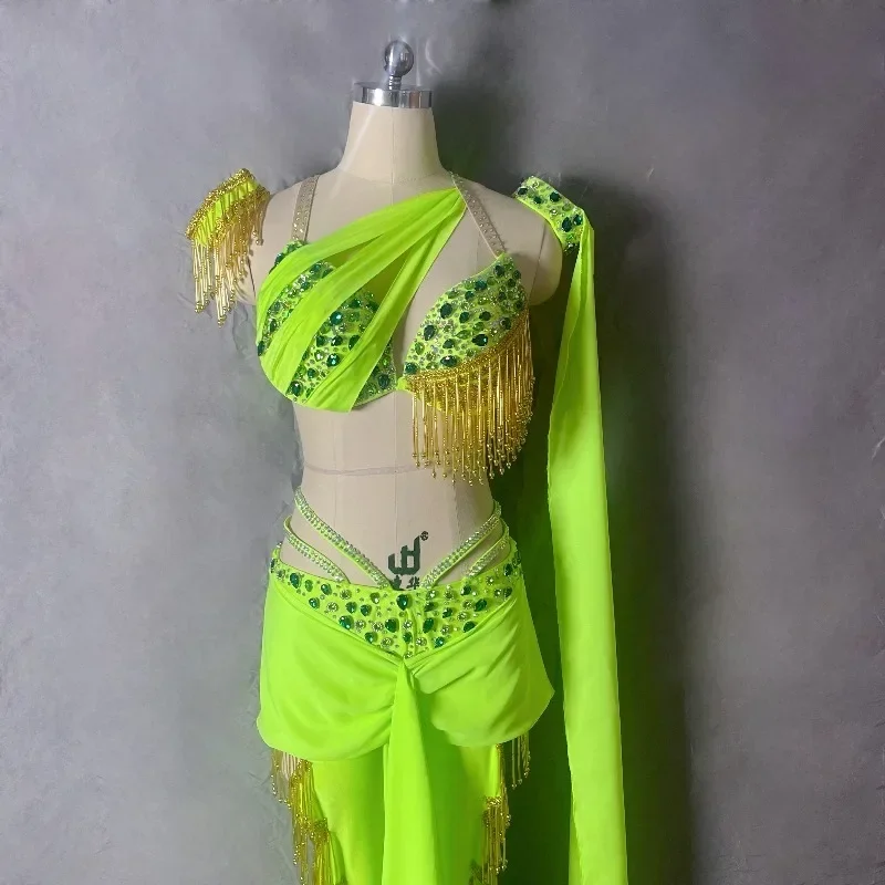 Customized Belly Dancewear Oriental Dance Clothes Performance Dress Tassel Belly Dancing Bra Bell-bottoms Pants Group Stage Suit