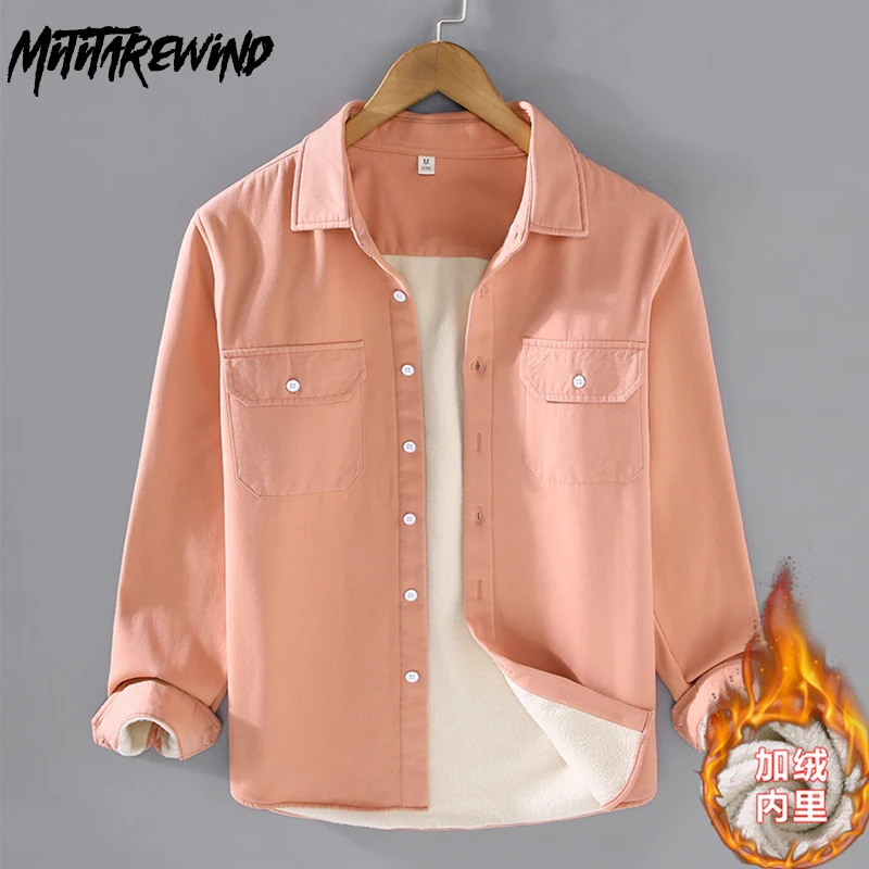 

Winter New Men's Shirts Cotton Full Sleeve Keep Warm Tops Japanese Cargo Shirts Men Solid Fleece Thickened Shirt Simple Fashion