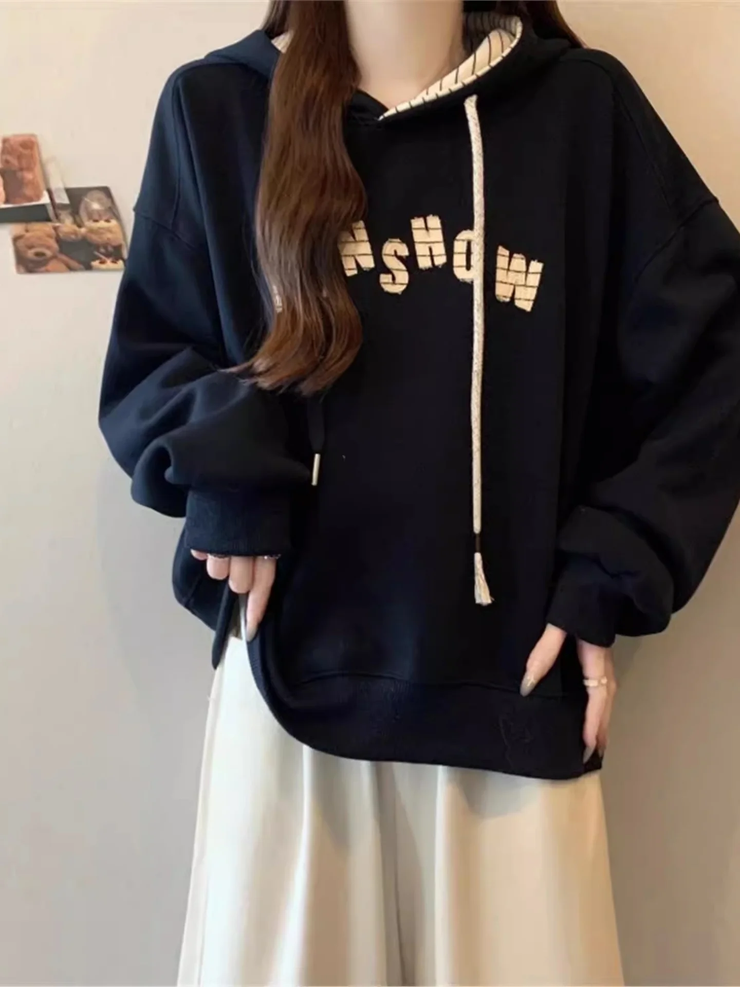 

Korean Sle Lazy Hat oulder Sweatirt Women's ort Size Large Faionable Age Reduction Casual Comfortable Hoodie