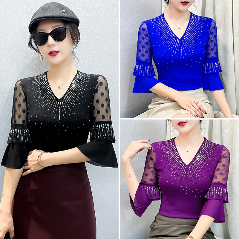 Elegant V-Neck Mesh Tops 3/4 Length Sleeve Summer Tops for Women Rhinestone Sheer Lace T-Shirts Casual Dance Tops