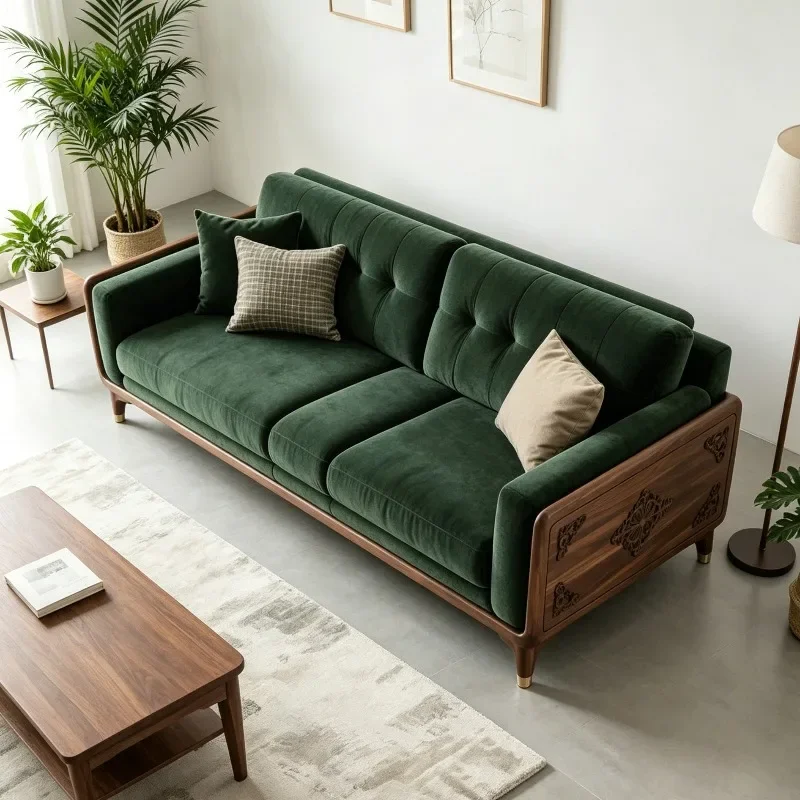 Minimalist New Chinese Style Solid Wood Living Room Sofas Green 2 Seater Corner Sofa Living Room High-end Double Home Furniture
