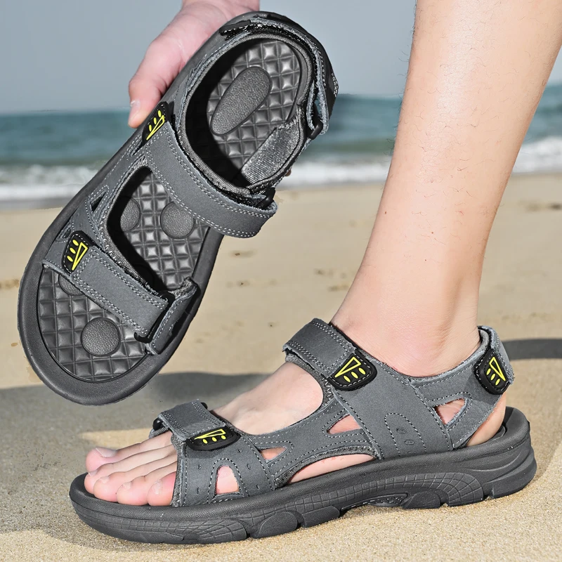 

leather flat sandals for men round toes new summer 2026 casual beach walking plus size shoes Outdoor Fashion Men Sandals
