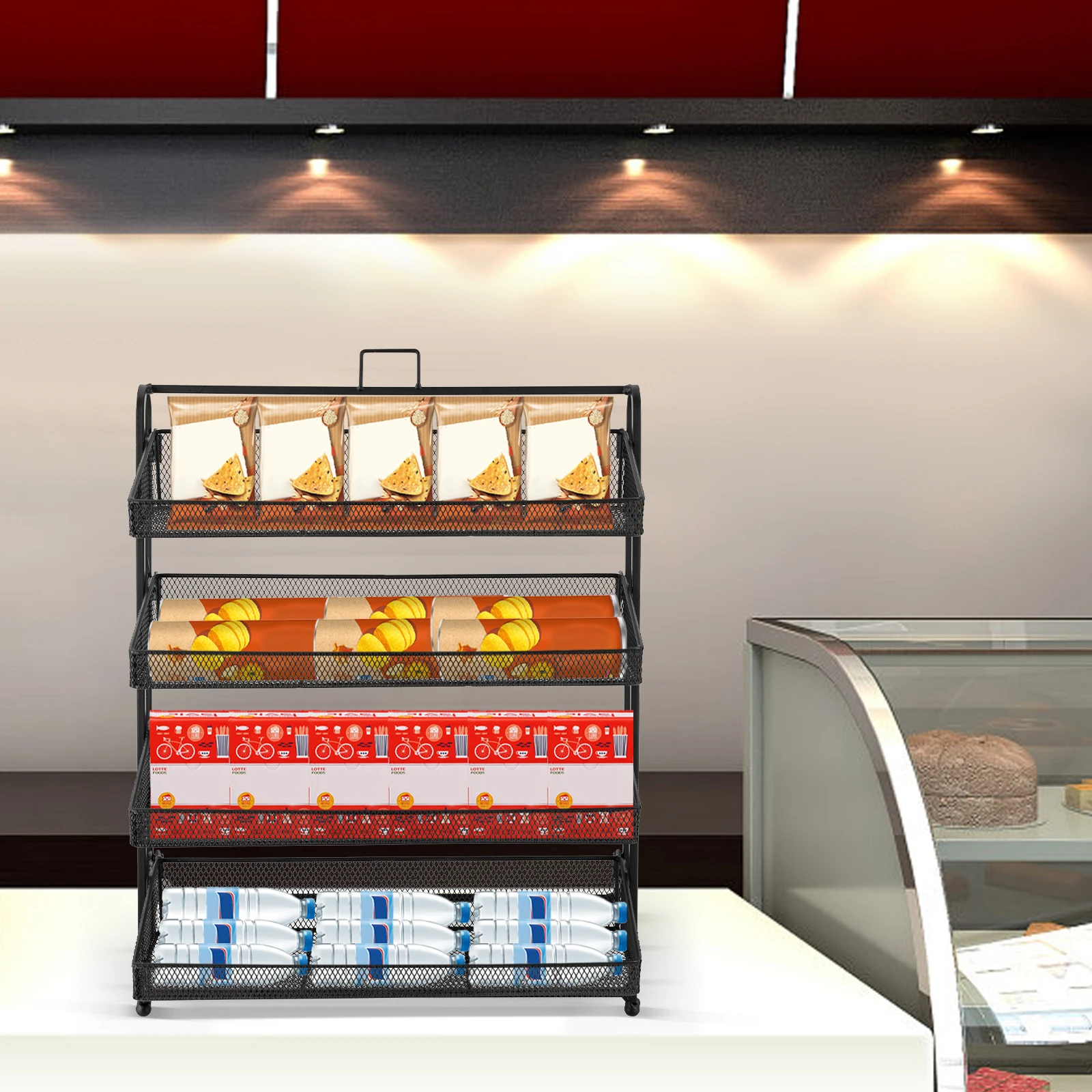 4 طبقات التجزئة الحلوى رف شاشة وجبة خفيفة المنظم كونترتوب وجبة خفيفة الجرف الحديد الأسود الحديثة مستطيلة الطلاء رش أنبوب الصلبة