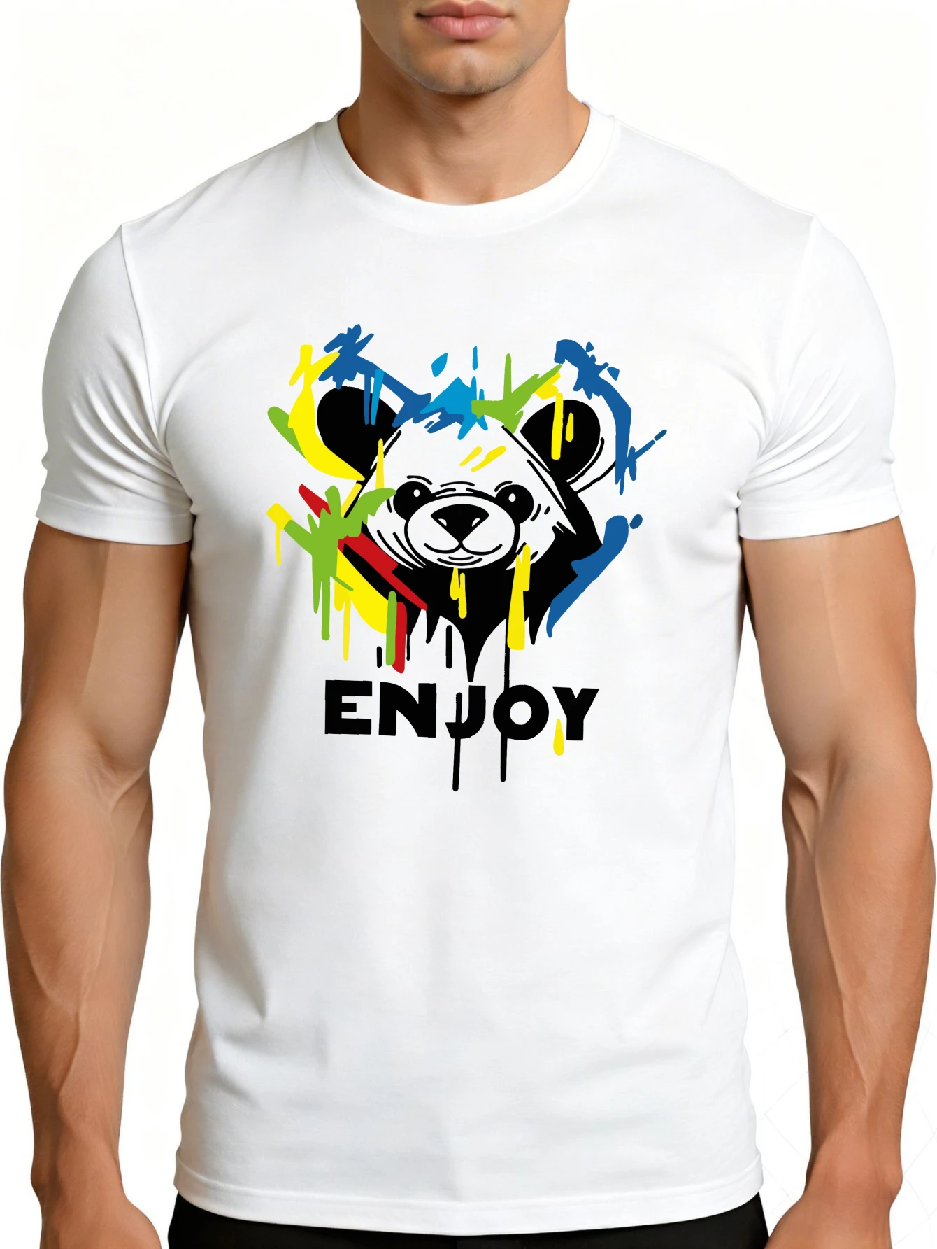 Men's Graphic T-Shirt - Breathable, Soft, Lightweight - Panda Colorful Ink Splatter Enjoying Art - Vintage Fun Pattern Casual Short Sleeve Summer Top, Gift for Him