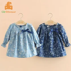 Spring Autumn 2 3 4 6 8 10 Years Child Birthday Gift Long Sleeve Flower Print Blue Colour Bow Cute Kids Girls Blouse Shirt