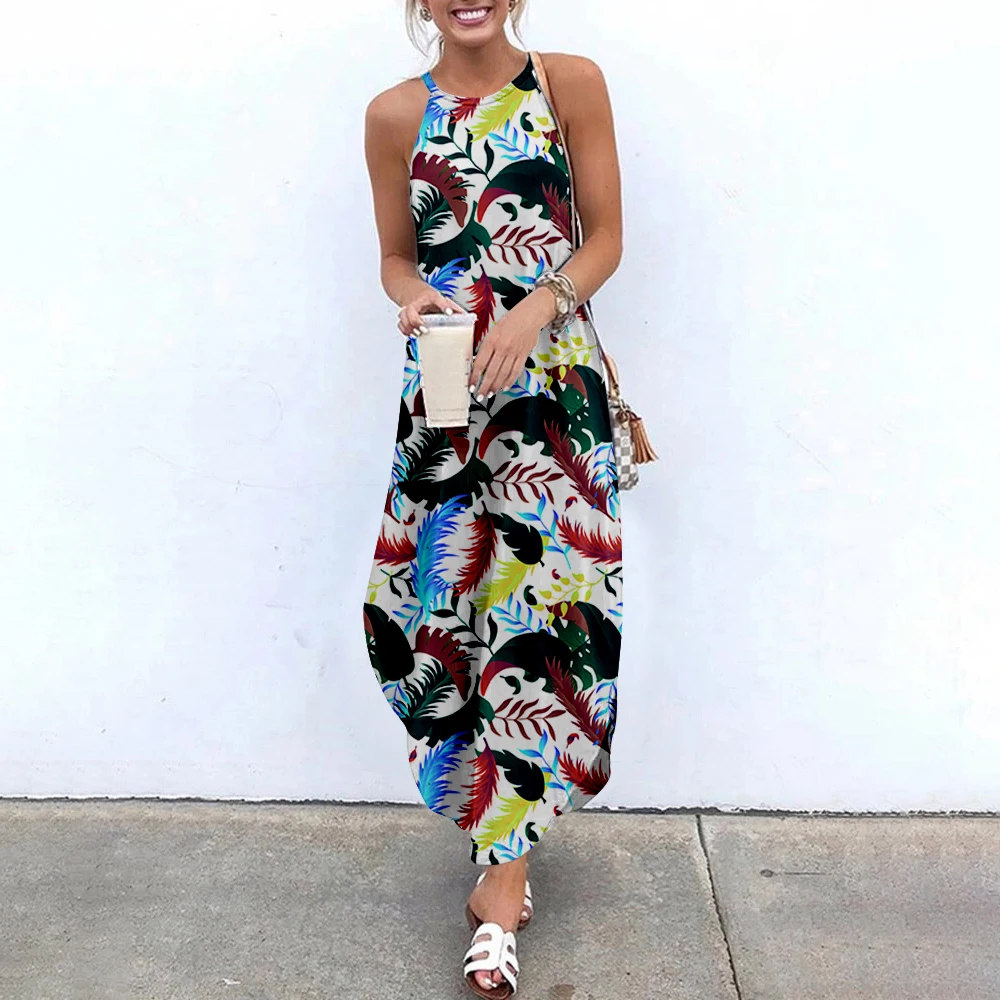 

Women Maxi Dresses Plant Leaves Printed Sleeveless Women Causal Summer Beach Dress SOJINM Sling Long Dresses Streetwear