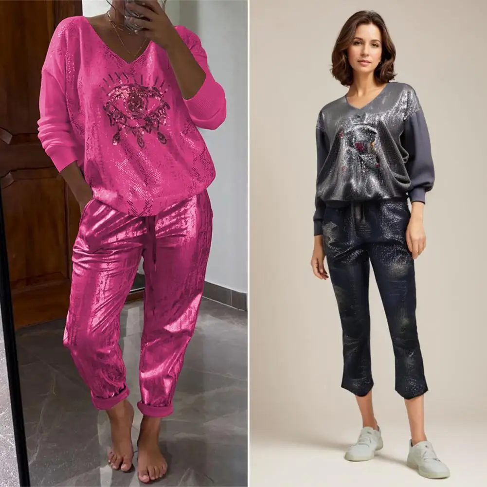 Ensemble T-shirt et pantalon à manches longues pour femme, haut brillant, imprimé œil brillant doré, tenue d'été à lacets, tenue décontractée pour femme