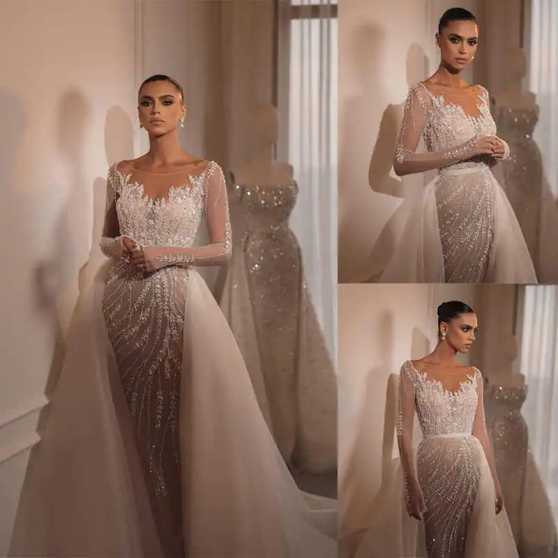

Classic A Line Women Wedding Dress Sheer Neck Long Sleeves Bridal Gowns Sequins Lace Detachable Train Dress Custom Made