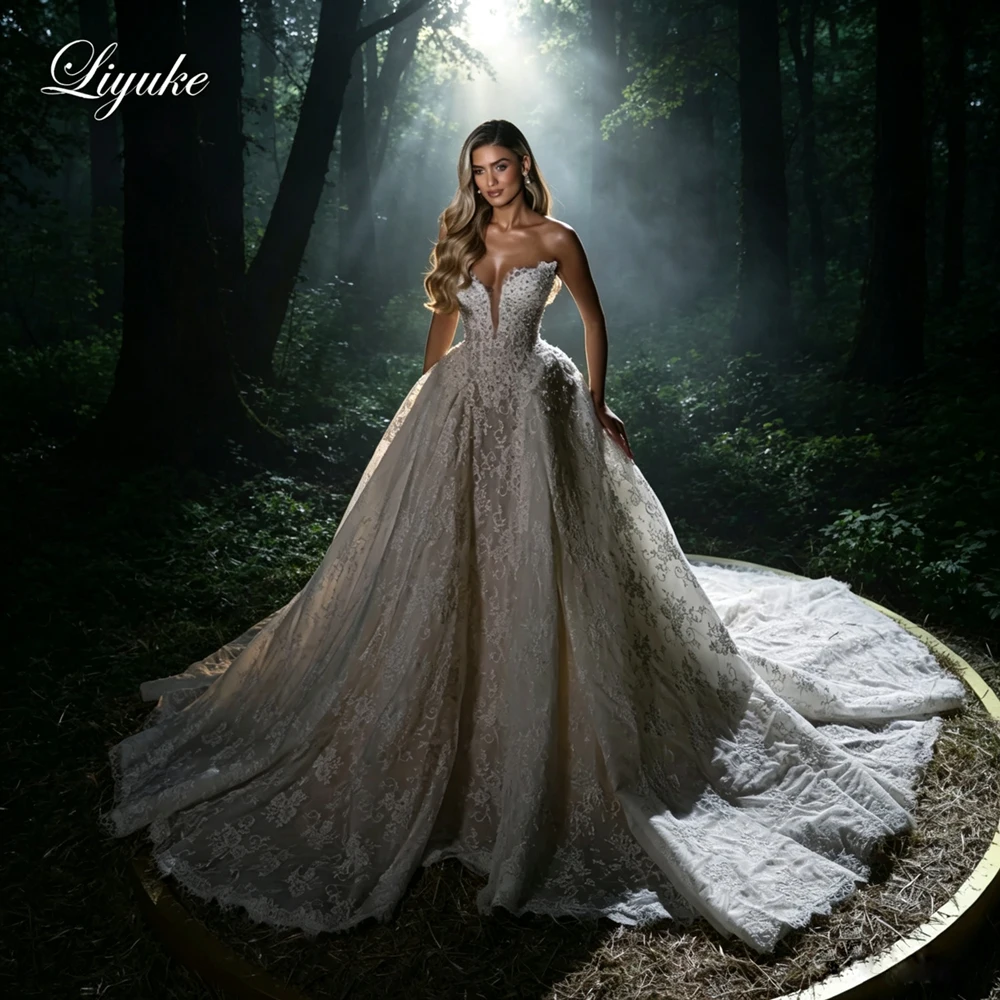Liyuke Custom Made Allover Lace Puffy A-Line Ball Gown Wedding Dress Off The Shoulder Sleeveless Beaded Pearls Bridal Gowns