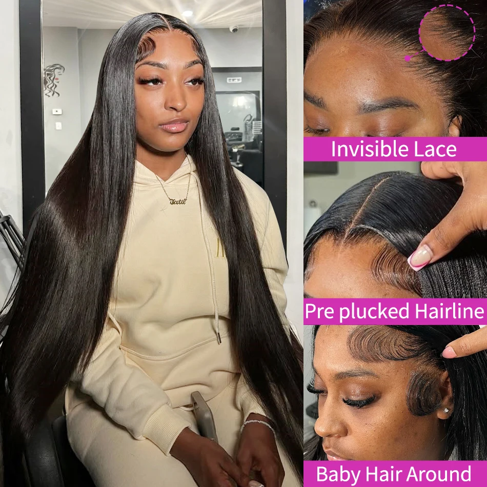 40 pulgadas hueso recto 13x4 Hd transparente peluca con malla Frontal cabello humano 250 densidad brasileño pelucas frontales de encaje prearrancadas para mujeres