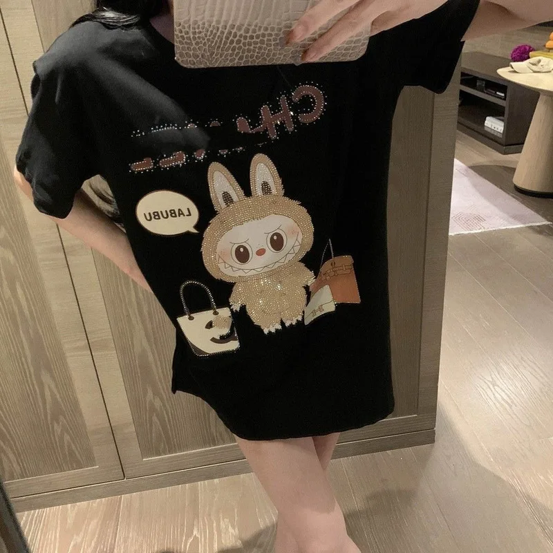 Large Hot Diamond New Labubu T-Shirt Lazy Wind Short Sleeve Cartoon Cute Creative High-Value Couple Jacket Trend Shirt Gift Toy