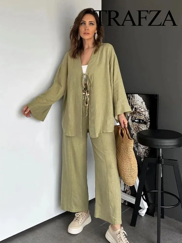 

TRAFZA 2024 Women 2 Piece Set Fashion V-Neck Long Sleeved Lace-Up Cotton And Linen Kimono Jacket+Elastic Waist Linen Pants Mujer