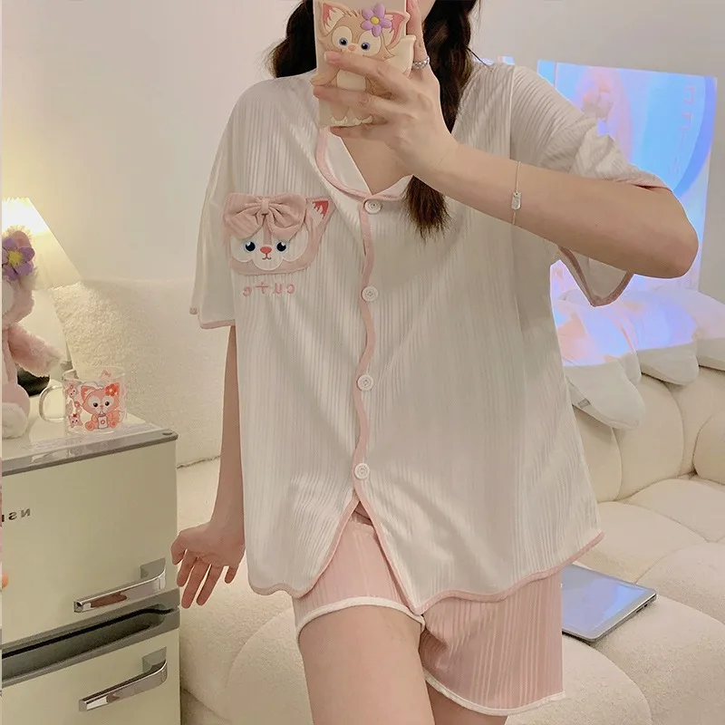 2XL Plus Size Pajamas Set Women Summer Student Loose Loungewear Korean Trend Bear Short Sleeved Shirt and Shorts Two-piece Pj