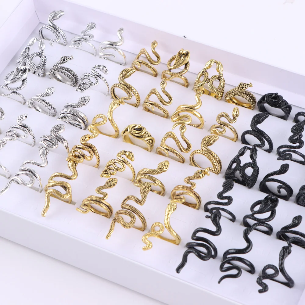 Wholesale 30Pcs/Lot Fashion Snake Animal Mix Style Metal Opening Rings for Women Vintage Adjustable Size Jewelry Party Gifts