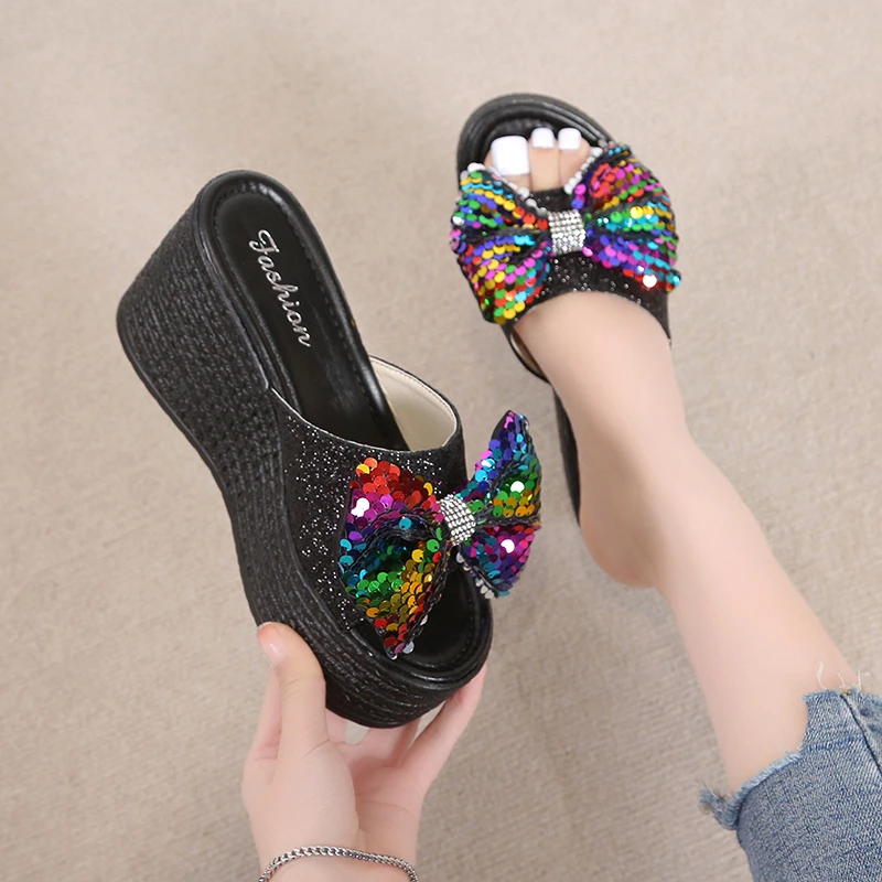 2024 Women's Platform Wedge Sandals Women's Summer Sandals Slippers Outdoor Indoor Beach Shoes Women's Bow Shiny Slippers