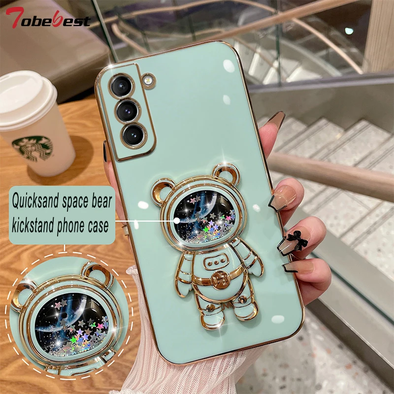 Quicksand space bear kickstand phone case for Samsung Galaxy S23 S22 S21 S20 Ultra FE S10 Plus Coque Stand Soft Back Cover