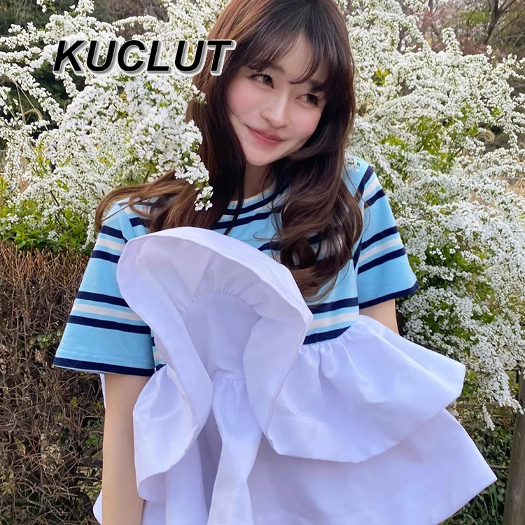 Contrasting Striped Tees Ruffle Edge Round Neck Tee Fashion Women's Short-sleeved T-shirts Summer Japanese Style Casual Top