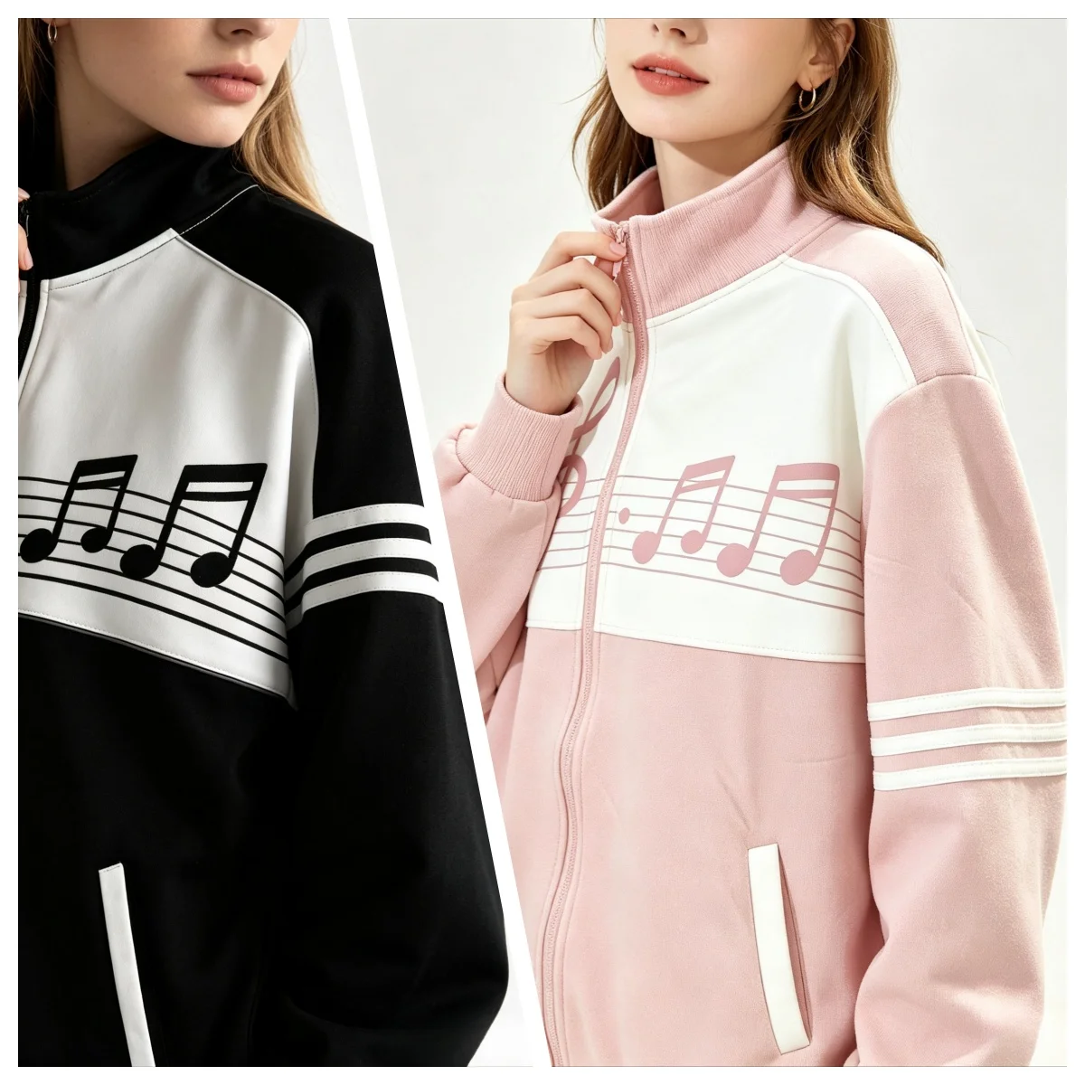 Stand Collar Zip Up Track Jacket Music Note Treble Clef Print Contrast Color Striped Sleeve Pockets Casual Sporty Outerwear Coat