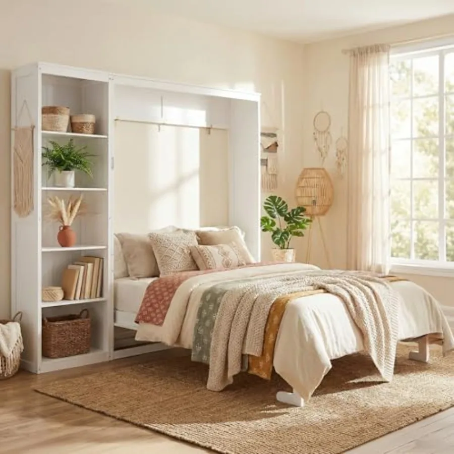 

Space-Saving White Murphy Bed Queen Size with Adjustable Storage Shelves, Multifunctional Foldable Wall Bed for Small Spaces St
