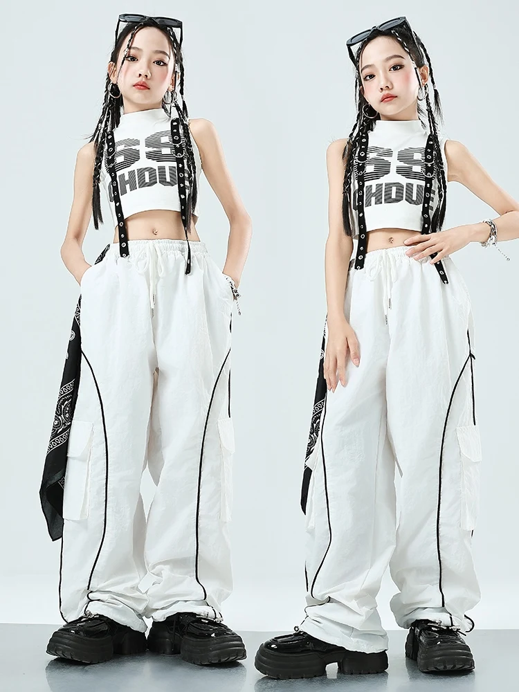 Abbigliamento Hip Hop per bambini vestito bianco per ragazze gilet pantaloni larghi abbigliamento da pratica Jazz Costume da spettacolo teatrale Rave Wear BL13001