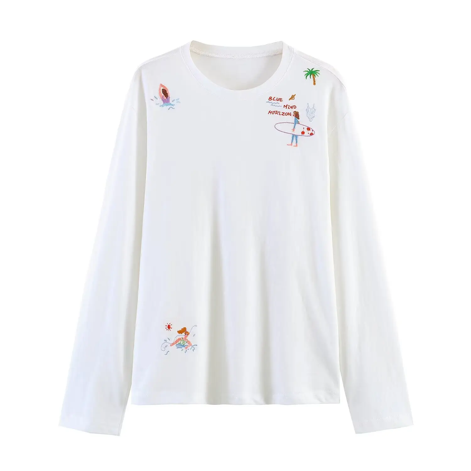 

Withered Fashionable Temperament, Loose Embroidered Round Neck Long Sleeved T-shirt Woman Clothes Female Clothing