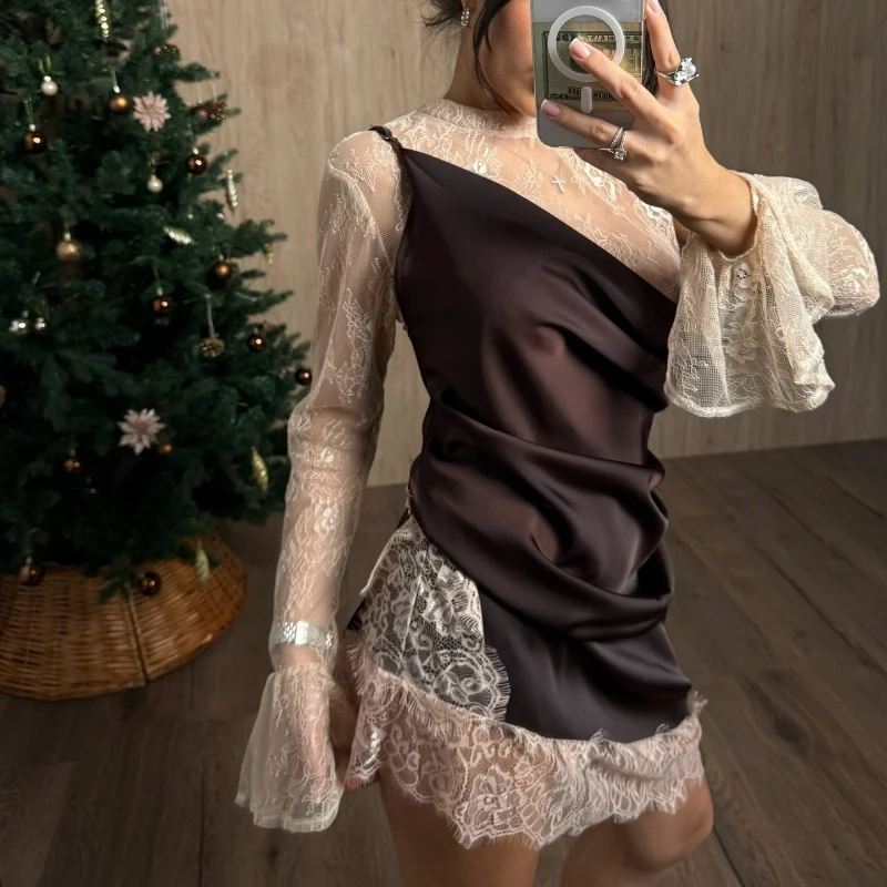 

2026 Spring Fashion European American Sexy Hot Girl Style Flared Sleeve Lace Top Halter Dress Elegant Feminine Halter Mini Skirt