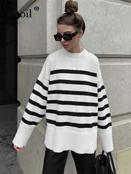 Women Stripe Knit Sweater Pullover Long Sleeve Knitted Tops O Neck Female Jumper Autumn Winter Streetwear White Baggy Sweaters